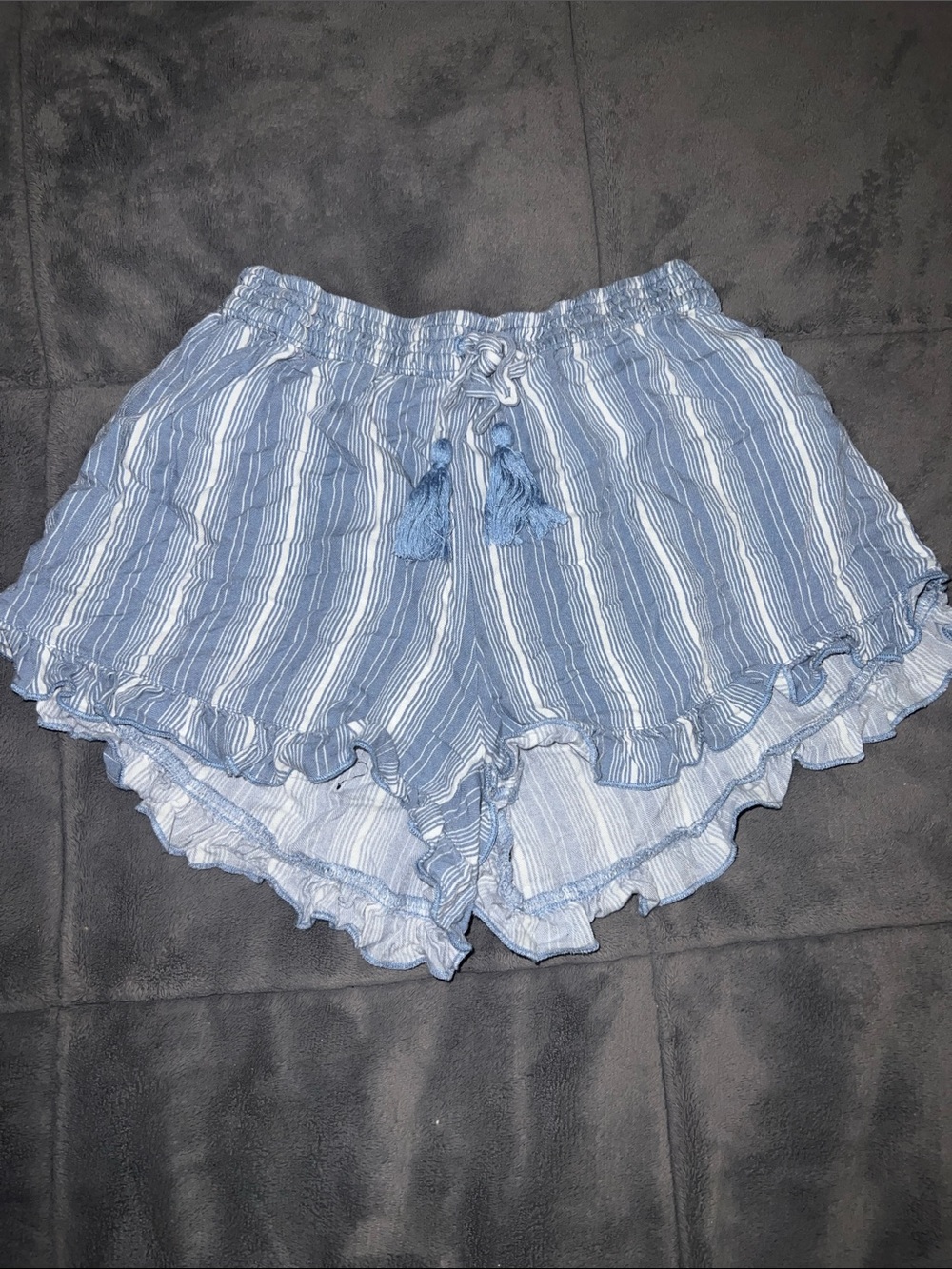 Hollister Blue and White Striped Ruffle Waist Tie Shorts